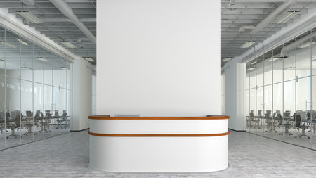 Blank white office wall mock up with office reception desk. 3d illustrationの写真素材