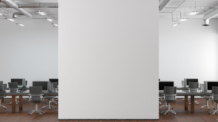 Blank white office wall mock up in modern office interior. 3d illustrationの写真素材
