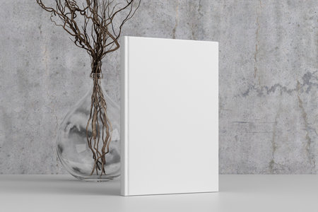 Vertical book cover mock up standing on a white desk with concrete wall background. 3d illustrationの写真素材