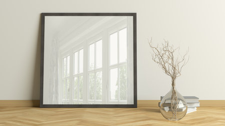 Square poster frame mock up on the floor in living room with wooden floor and white wall. 3d illustrationの写真素材