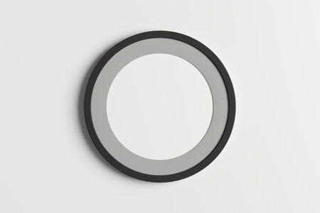 Dark wooden round frame poster mock up on the white wall. Front view. 3d illustrationの写真素材
