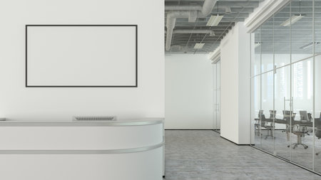 Blank horizontal poster mock up on the wall above office reception desk. 3d illustrationの写真素材
