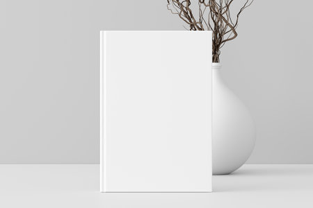 Vertical book cover mock up standing on a white desk with white wall background. 3d illustrationの写真素材