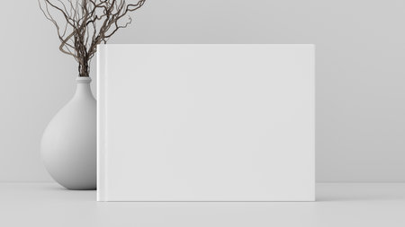 Horizontal book cover mock up standing on a white desk with white wall background. 3d illustrationの写真素材