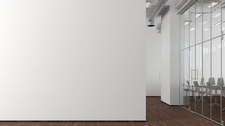 Blank white office wall mock up in modern office interior. 3d illustrationの写真素材