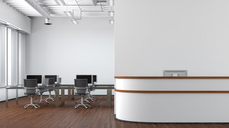 Blank white office wall mock up with office reception desk. 3d illustrationの写真素材