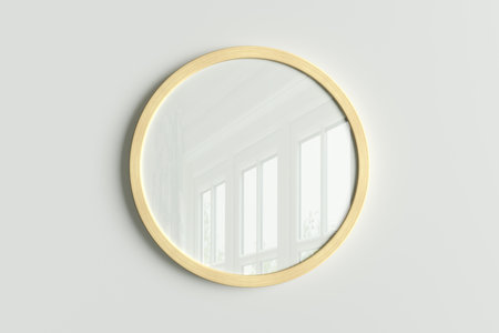 Wooden round frame poster mock up on the white wall. Front view. 3d illustrationの写真素材