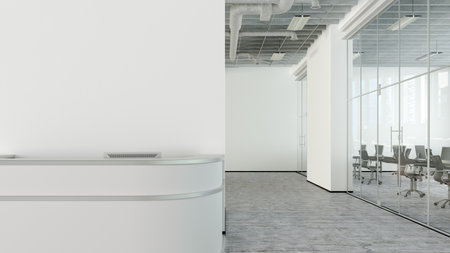 Blank white office wall mock up with office reception desk. 3d illustrationの写真素材