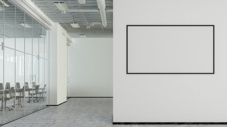 Blank horizontal poster mock up on the wall of modern office interior. 3d illustrationの写真素材