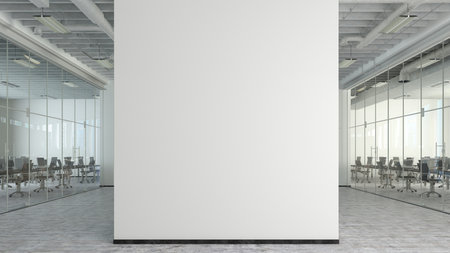 Blank white office wall mock up in modern office interior. 3d illustrationの写真素材