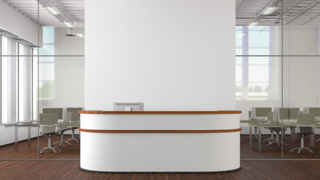 Blank white office wall mock up with office reception desk. 3d illustrationの写真素材