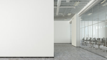 Blank white office wall mock up in modern office interior. 3d illustrationの写真素材