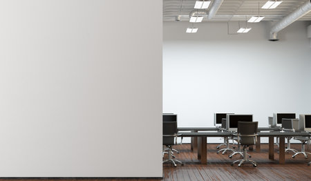 Blank white office wall mock up in modern office interior. 3d illustrationの写真素材