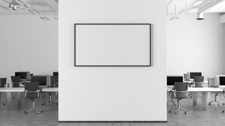 Blank horizontal poster mock up on the wall of modern office interior. 3d illustrationの写真素材
