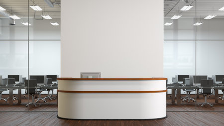 Blank white office wall mock up with office reception desk. 3d illustrationの写真素材