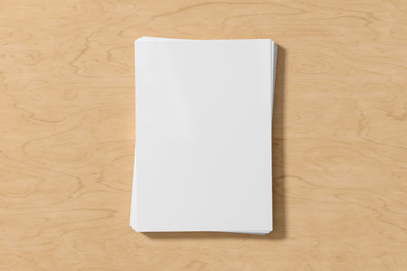 Stack of paper mockup on the wooden table. 3d illustrationの写真素材