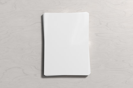 Stack of paper mockup on the white wooden table. 3d illustrationの写真素材