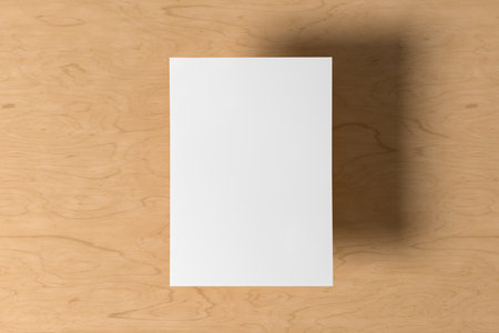A sheet of paper mock up floating above the wooden table table. 3d illustrationの写真素材