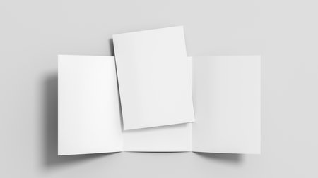 Trifold brochure A4 booklet mockup on white background. 3D illustrationの写真素材