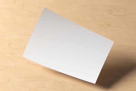 Horizontal A4 flyer paper mockup floating on wooden background. 3d illustrationの写真素材