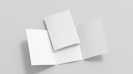 Trifold brochure A4 booklet mockup on white background. 3D illustrationの写真素材