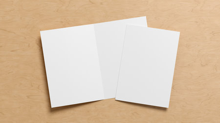 Half-folded flyer A4 booklet mock up on wooden background. 3d illustrationの写真素材