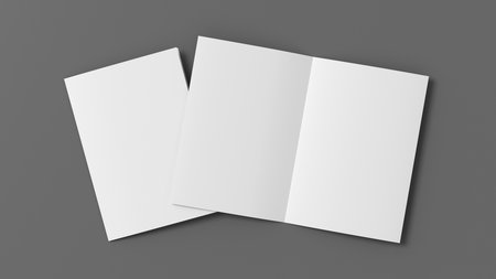 Half-folded flyer A4 booklet mock up on gray background. 3d illustrationの写真素材