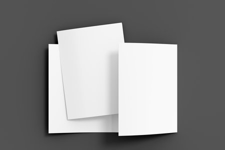 Trifold brochure A4 booklet mockup on gray background. 3D illustrationの写真素材