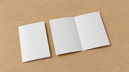 Half-folded flyer A4 booklet mock up on wooden background. 3d illustrationの写真素材
