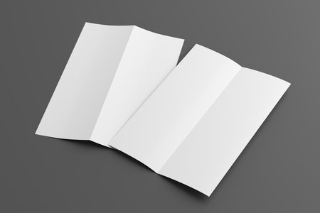 Half-folded flyer A4 vertical booklet mock up on gray background. Side view. 3d illustrationの写真素材