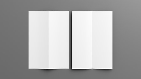 Half-folded flyer A4 vertical booklet mock up on gray background. View directly above. 3d illustrationの写真素材