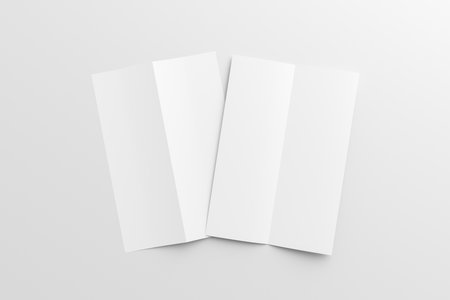 Half-folded flyer A4 vertical booklet mock up on white background. View directly above. 3d illustrationの写真素材