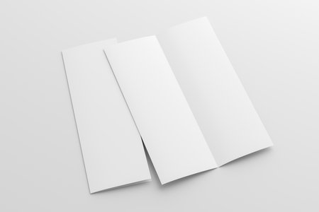 Half-folded flyer A4 vertical booklet mock up on white background. Side view. 3d illustrationの写真素材