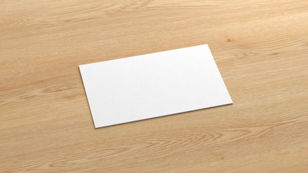 Business card mockup. Single business card on wooden background. Side view. 3d illustrationの写真素材
