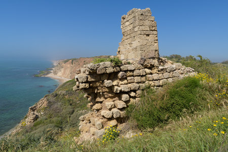 Remains of the Crusader castle in the ancient town of Apollonia (Tel Arsuf) on Mediterranean seashore of Herzliya city, Apollonia National Park, HaSharon district, Israel.の写真素材