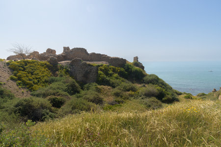 Remains of the Crusader castle in the ancient town of Apollonia (Tel Arsuf) on Mediterranean seashore of Herzliya city, Apollonia National Park, HaSharon district, Israel.の写真素材