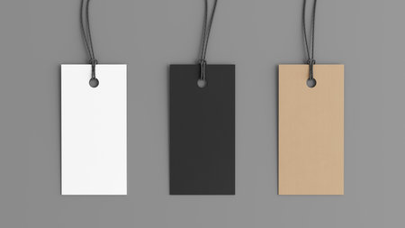 White, cardboard, black rectangular tags mockup on gray background. View directly above. 3d illustrationの写真素材