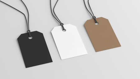 White, cardboard, black tags mockup on white background. Side view. 3d illustrationの写真素材