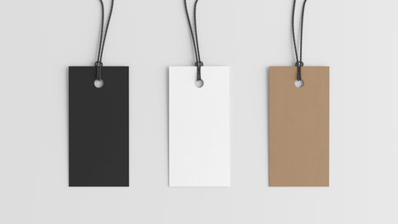 White, cardboard, black rectangular tags mockup on white background. View directly above. 3d illustrationの写真素材