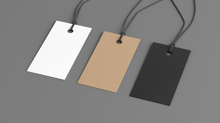 White, cardboard, black rectangular tags mockup on gray background. Side view. 3d illustrationの写真素材