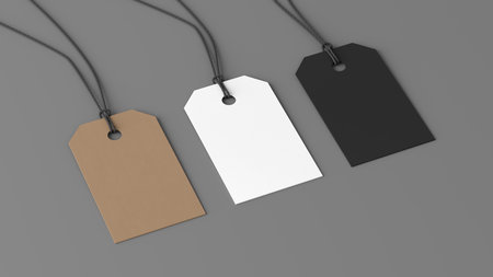 White, cardboard, black tags mockup on gray background. Side view. 3d illustrationの写真素材