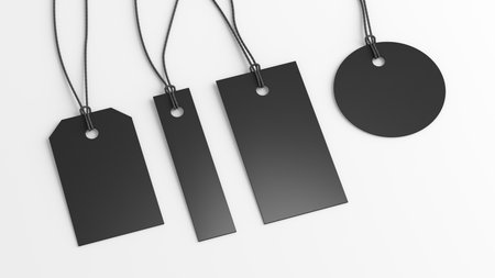 Black tags of various shapes mockup on white background. Side view. 3d illustrationの写真素材
