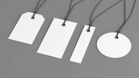White tags of various shapes mockup on gray background. Side view. 3d illustrationの写真素材