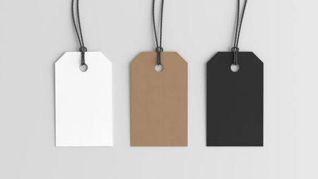 White, cardboard, black tags mockup on white background. View directly above. 3d illustrationの写真素材
