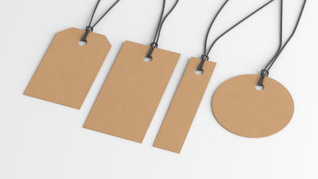 Cardboard tags of various shapes mockup on white background. Side view. 3d illustrationの写真素材