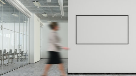 Blank horizontal poster mock up on the wall of modern office interior. 3d illustrationの写真素材