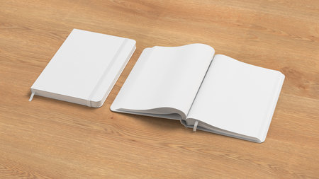 White cover notebook and opened notebook mockup on wooden background. 3d illustrationの写真素材