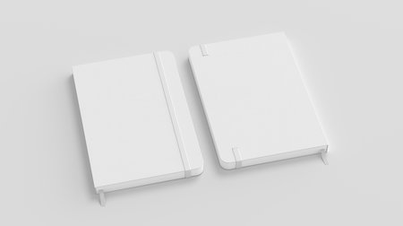 White cover notebook mockup on white background. Front and back view of the notebook cover.  3d illustrationの写真素材
