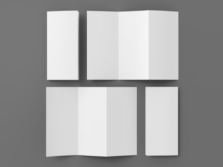 Vertical pages accordion or zigzag trifold brochure mockup on gray background. Three panels, six pages leaflet. 3d illustrationの写真素材