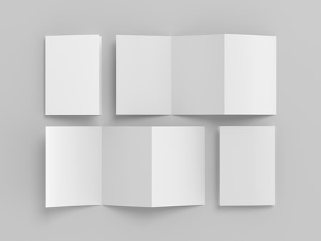 Vertical A5 pages accordion or zigzag trifold brochure mockup on white background. Three panels, six pages leaflet. 3d illustrationの写真素材